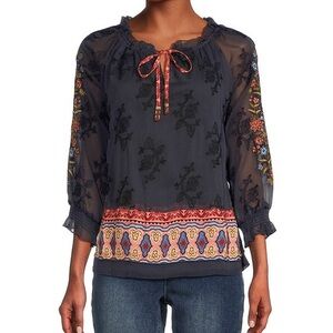 John Mark Embroidered Multi Floral Split Tie Neck 3/4 Shirred Cuff Sleeve Blouse